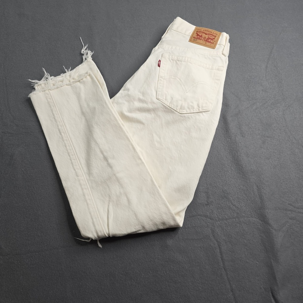 Levis 501 Jeans White Distressed Button Fly Raw Hem Straight Fit Women's 24x30